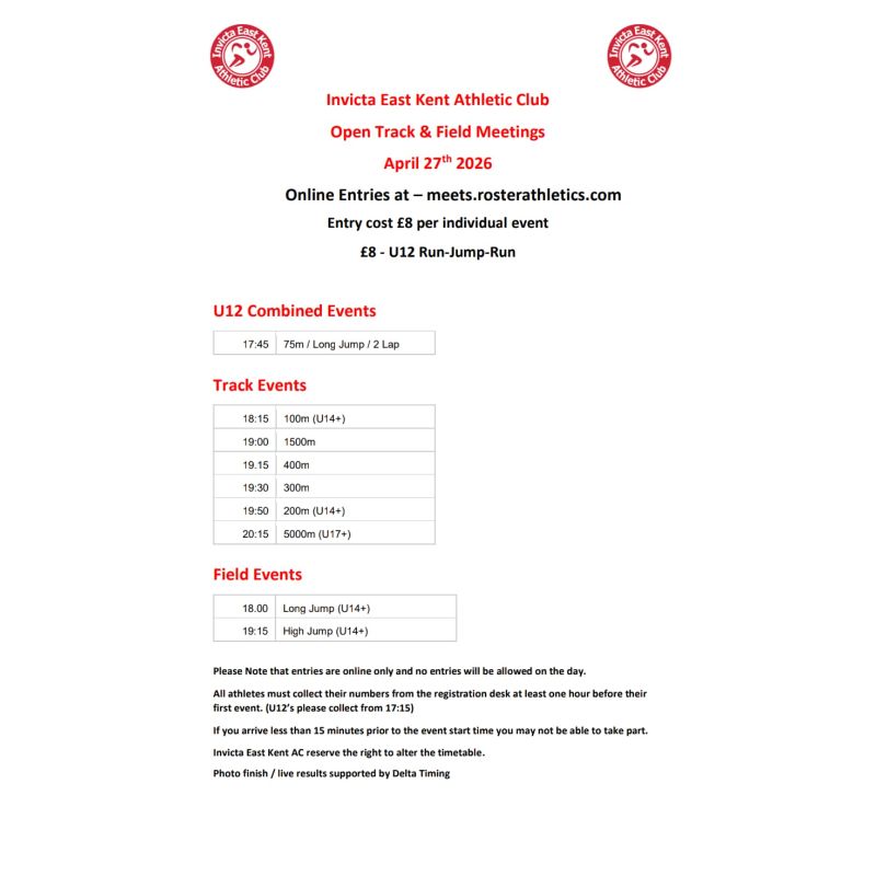 Invicta Open Meeting 2026 - Invicta East Kent Athletics Club