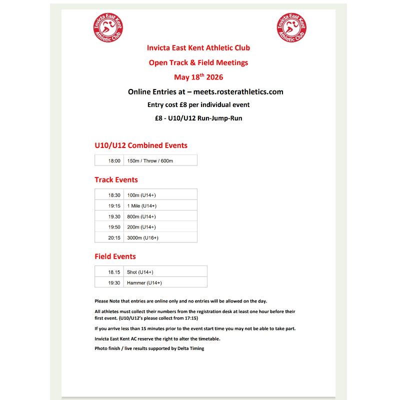 Invicta Open Meeting 18th May 2026 - Invicta East Kent Athletics Club